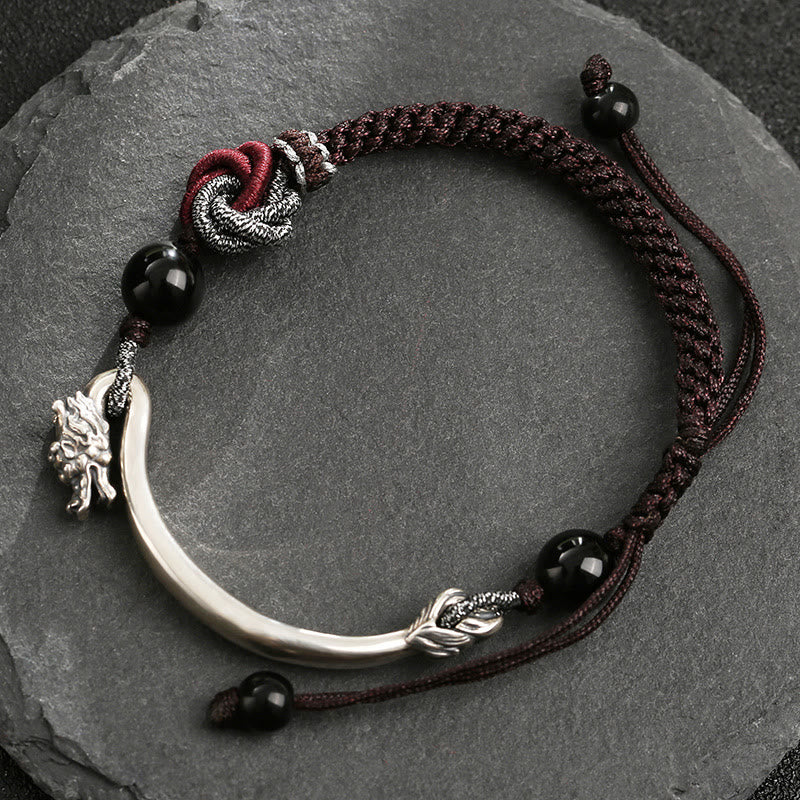 Bracciale intrecciato a mano in argento sterling 925 con drago di buon auspicio Buddha Stones