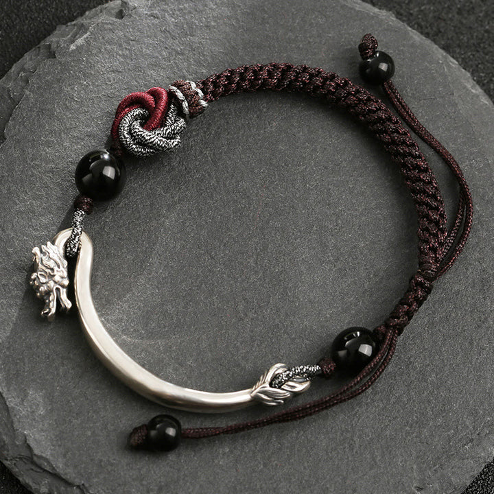Bracciale intrecciato a mano in argento sterling 925 con drago di buon auspicio Buddha Stones