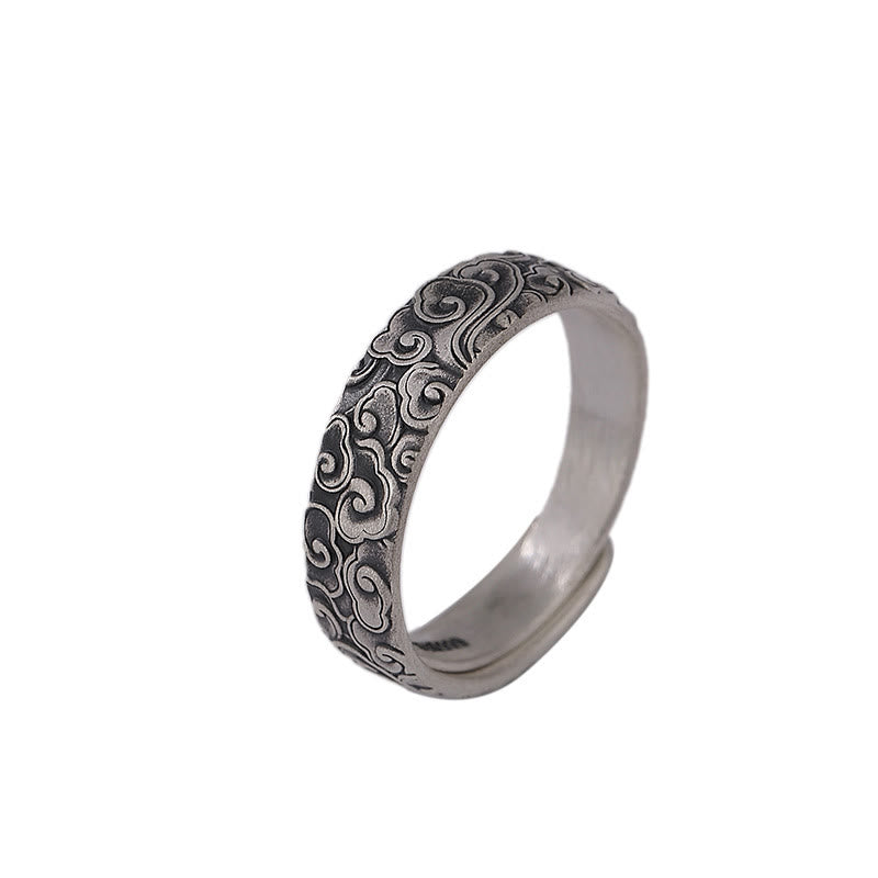 Anello di illuminazione inciso con Buddha Stones in argento sterling 999, fiore di loto, fiore di prugna, nuvole di buon auspicio