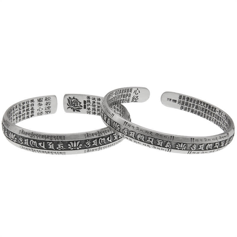 Buddha Stones 999 Sterling Silver Om Mani Padme Hum Cuore Sutra Lotus Peace Bracciale Bangle