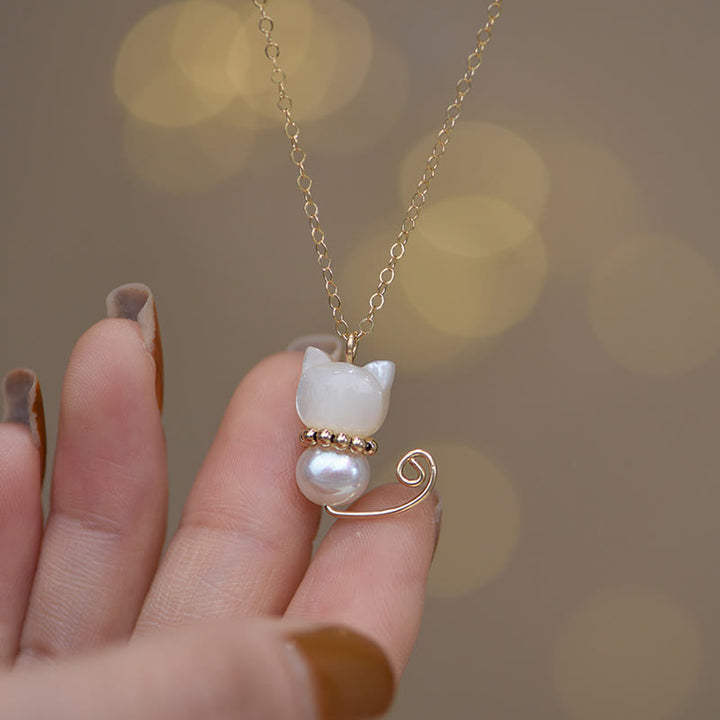 Buddha Stones 14K placcato oro perla Hetian giada conchiglia fortuna gatto gattino collana pendente - image 3