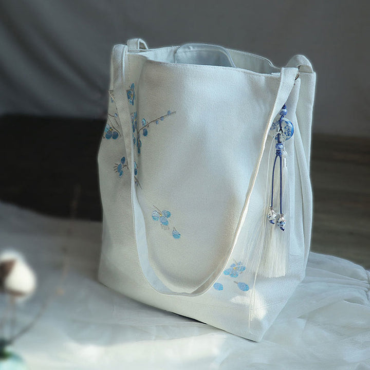 Buddha Stones Flower Crane Plum Blossom Ricamo Tela Grande Capacità Borsa a Tracolla Tote Bag