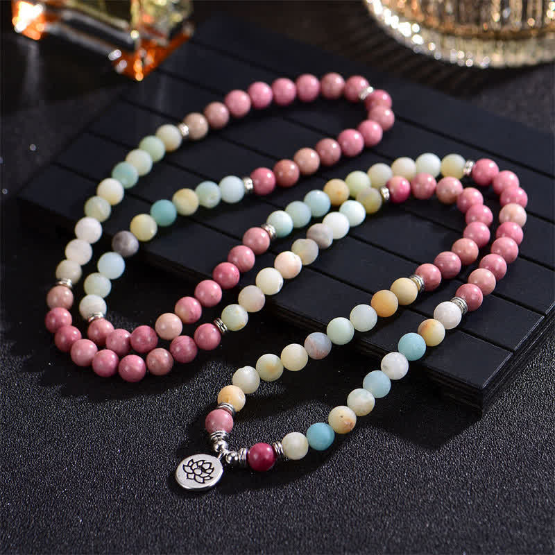Buddha Stones Lazurite Picasso Jasper Amazzonite Rodonite Apatite Braccialetto di perline di preghiera di loto positivo