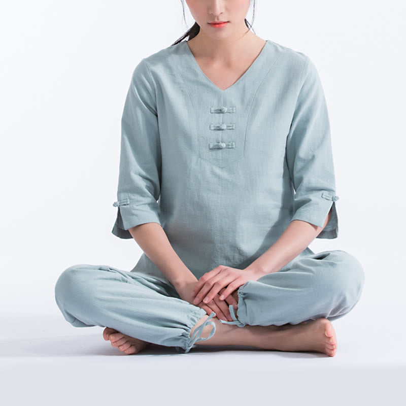 Buddha Stones Yoga Meditazione Preghiera Scollo a V Design Cotone Lino Abbigliamento Uniforme Zen Pratica Set da Donna - Ciano chiaro - US8-10, UK/AU12-14, EU40-42 (2XL) - image 0