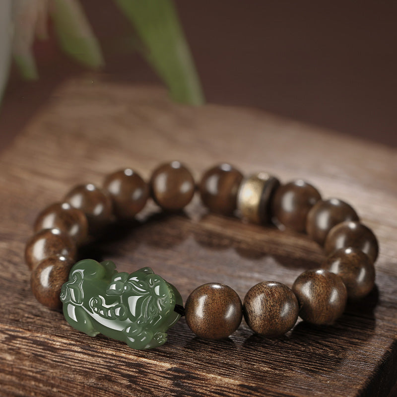 Bracciale Buddha Stones 925 Sterling Silver Brunei Agarwood PiXiu Jade Peace Strength