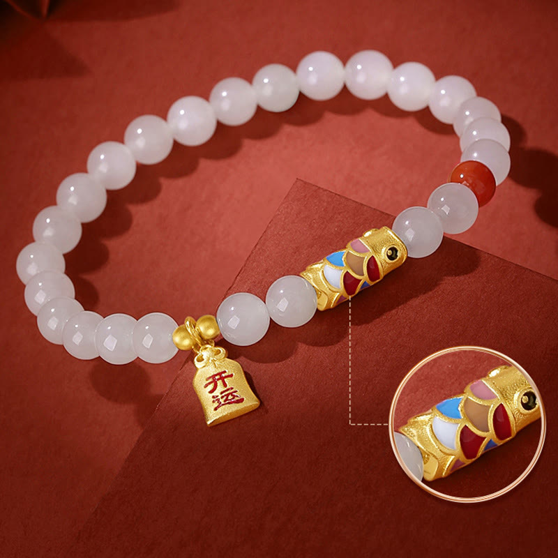 Bracciale Buddha Stones 925 Sterling Silver Hetian Giada Bianca Agata Rossa Koi Pesce Fortuna Felicità