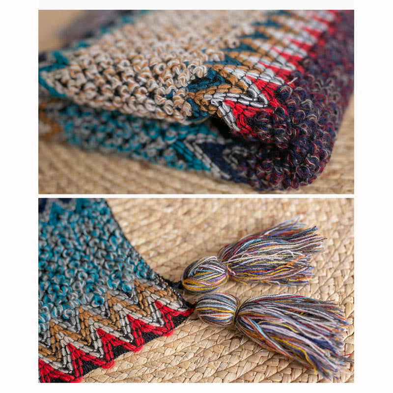 Scialle tibetano Buddha Stones, blu, beige, rosso, motivo ondulato, sciarpa invernale calda con nappe