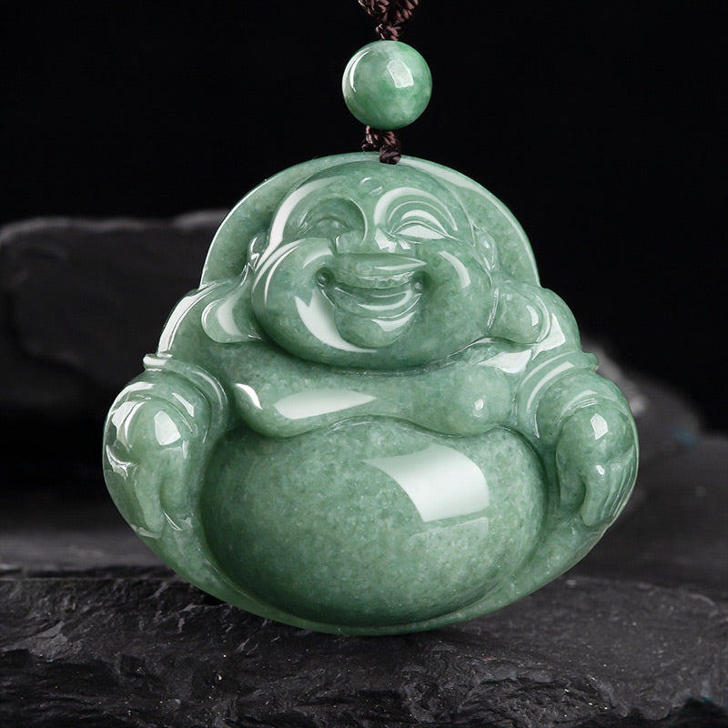 Collana con ciondolo di perline di corda di giada ciano Buddha che ride - Giada ciano - image 1
