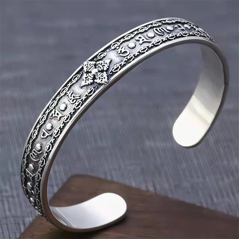 Bracciale rigido con Buddha Stones in argento sterling 925 Om Mani Padme Hum con doppio Dorje inciso e saggezza