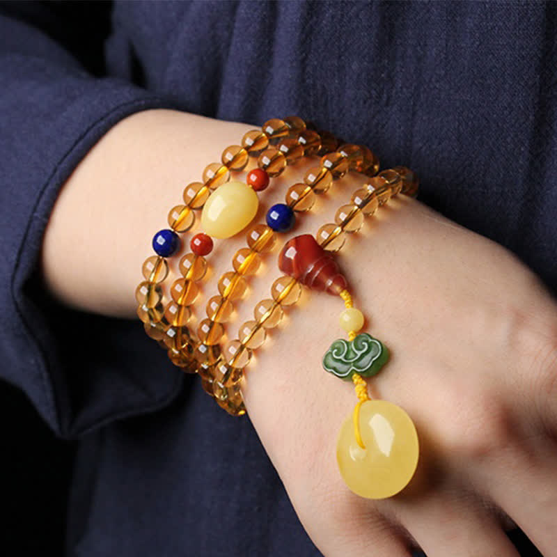 Braccialetto con ciondolo di protezione PiXiu, 108 perle di Mala, ambra citrino naturale, fibbia della pace, agata rossa
