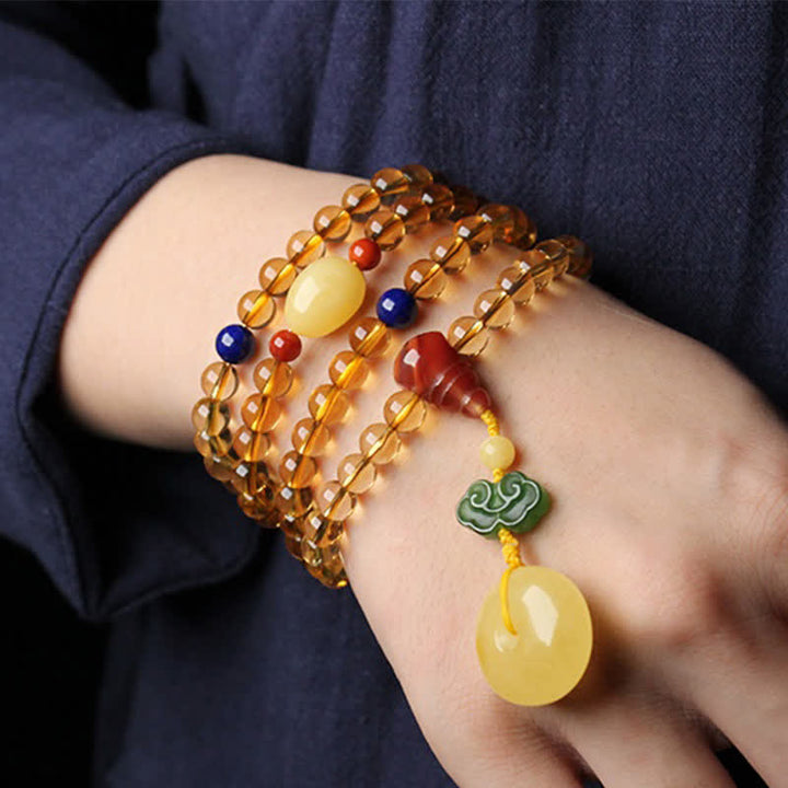 Braccialetto con ciondolo di protezione PiXiu, 108 perle di Mala, ambra citrino naturale, fibbia della pace, agata rossa