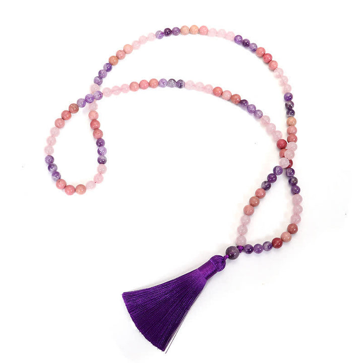 Buddha Stones 108 Mala Beads Ametista Quarzo Rosa Braccialetto con Nappa di Guarigione Spirituale
