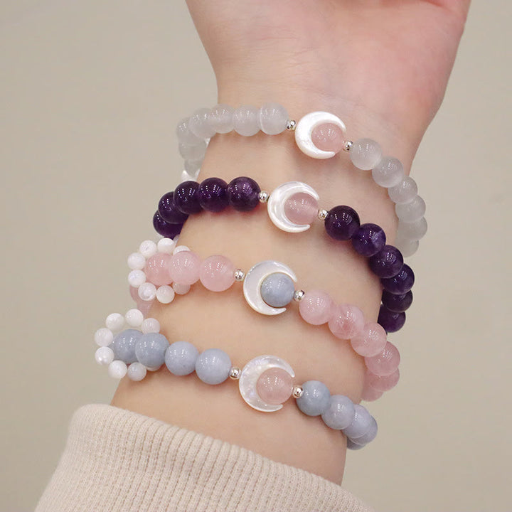 Braccialetto di Buddha Stones in argento sterling 925 con ametista naturale, acquamarina, cristallo rosa, occhio di gatto, guarigione, luna crescente