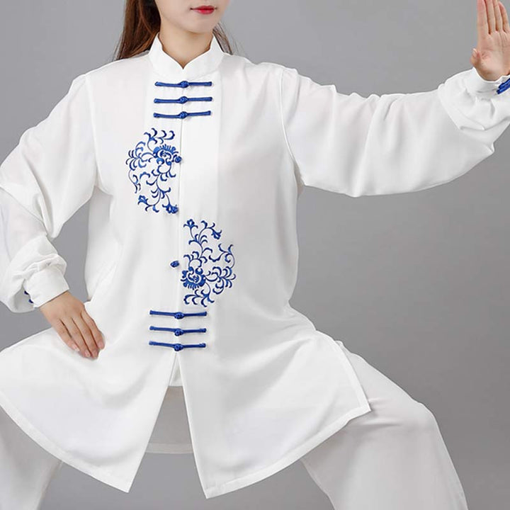 Buddha Stones Fiore Ricamo Meditazione Preghiera Spirituale Zen Tai Chi Qigong Pratica Set di Abbigliamento Unisex