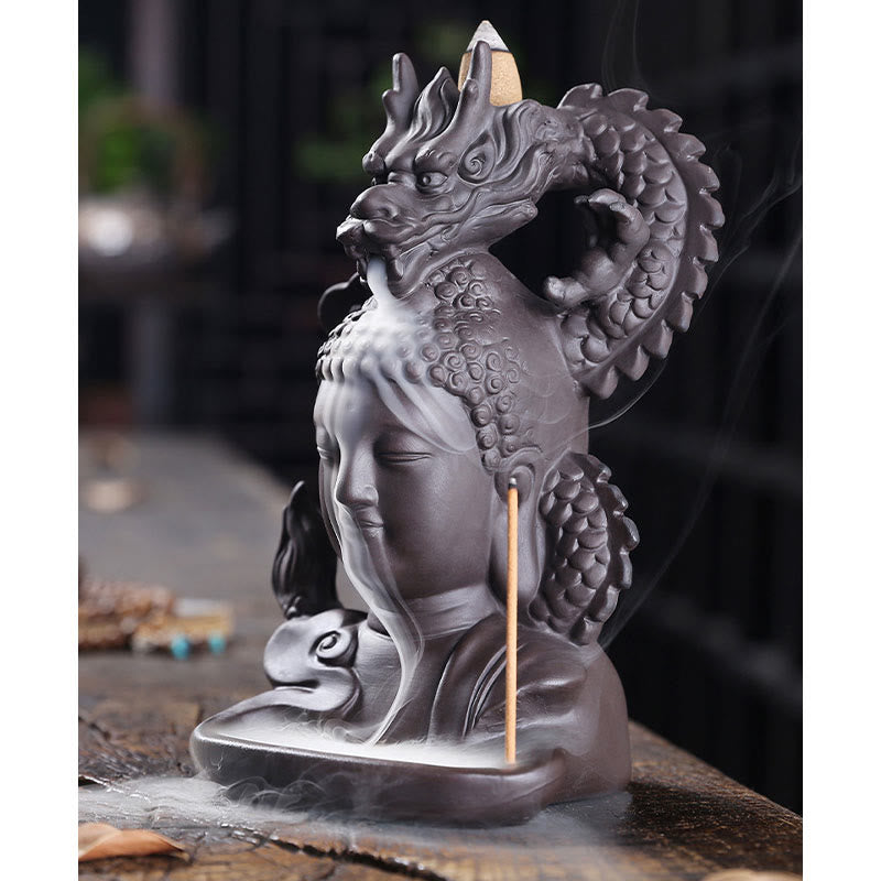Buddha Stones Buddha Drago Nuvole di buon auspicio Argilla viola Bruciatore di incenso curativo Decorazione