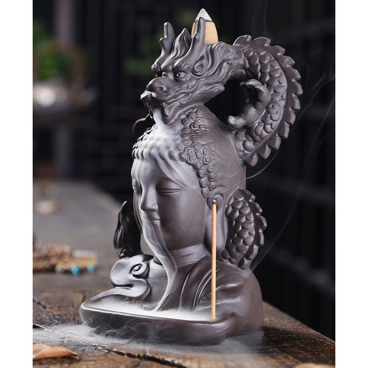Buddha Stones Buddha Drago Nuvole di buon auspicio Argilla viola Bruciatore di incenso curativo Decorazione