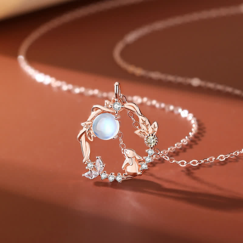 Collana con ciondolo e orecchini in argento sterling 925 con motivo a fiori di pietra lunare dell'anno del coniglio - Collana - Oro rosa - image 1