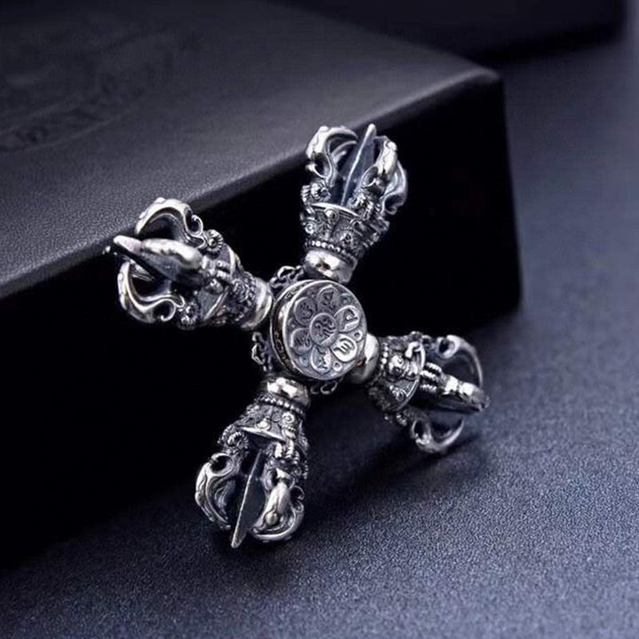 Buddha Stones Tibetano Argento Sterling 925 Doppio Dorje Vajra Inciso Ciondolo Potere Spirituale