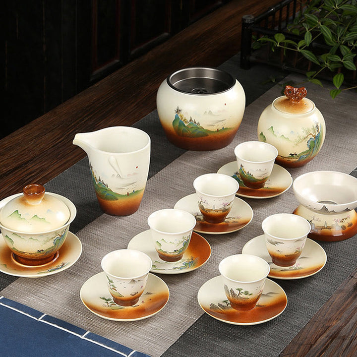 Buddha Stones Montagna Paesaggio Campagna Ceramica Gaiwan Sancai Tazza da tè Kung Fu Tazza da tè e piattino con coperchio - image 7