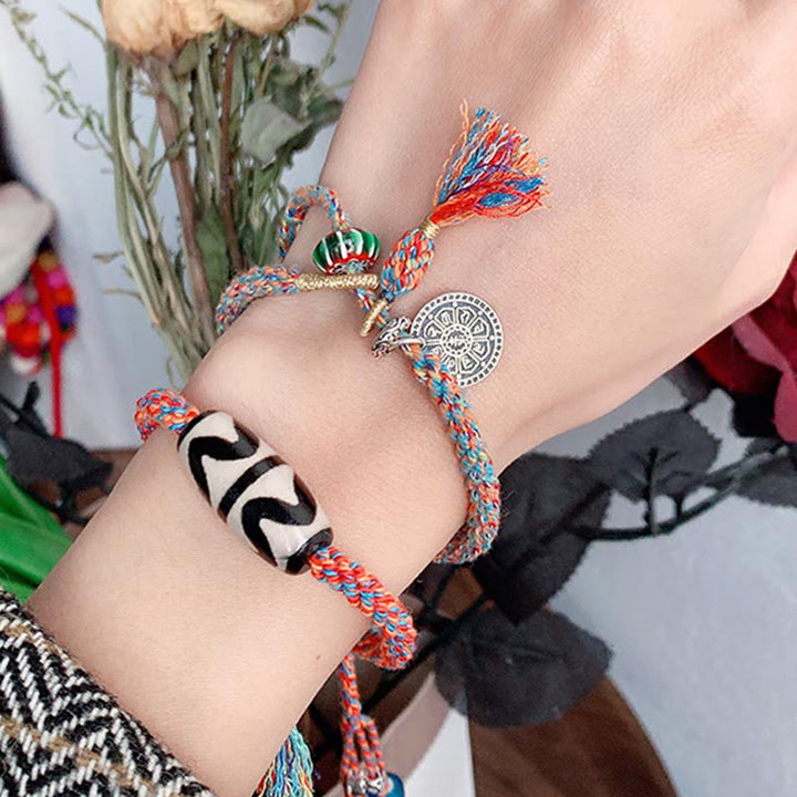 Braccialetto di protezione intrecciato con perline Dzi fatte a mano in argento sterling 925 tibetano Om Mani Padme Hum