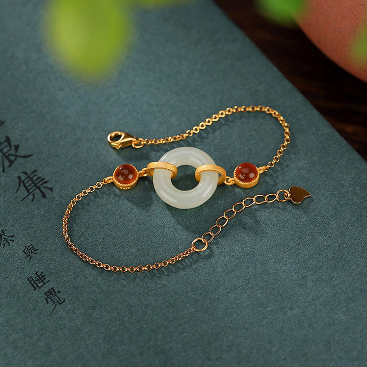 Braccialetto della fortuna in agata rossa con fibbia della pace in giada naturale Hetian, argento Buddha Stones 925 placcato oro