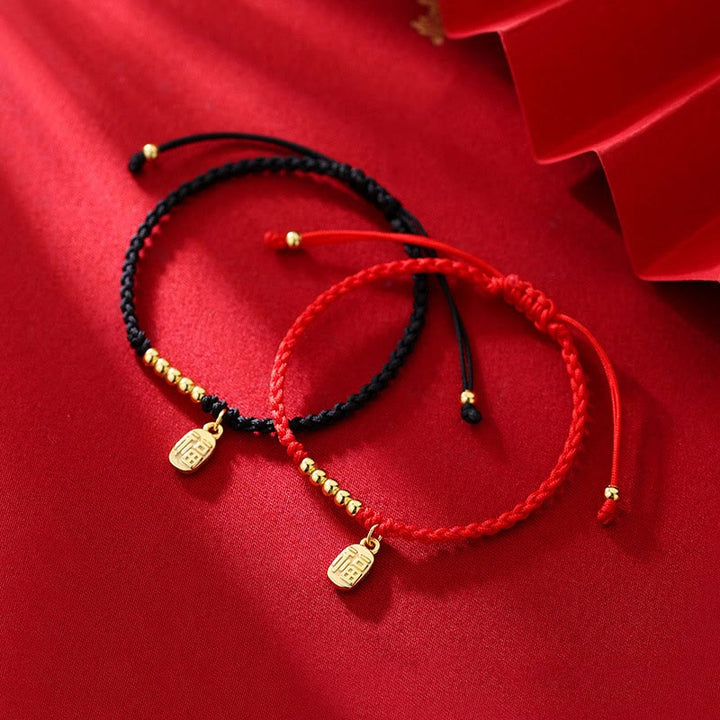 Braccialetto di corda con ciondolo a forma di carattere Fu fatto a mano con Buddha Stones