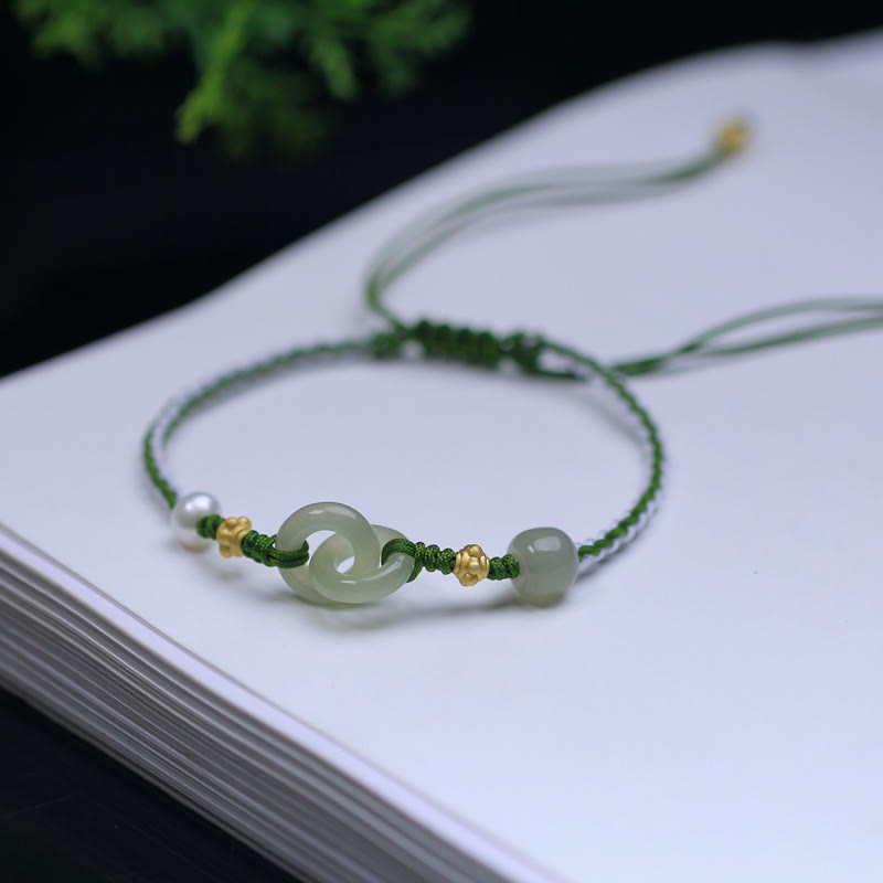 Bracciale intrecciato con fibbia a doppia pace in argento sterling 925 e giada di Hetian , Buddha Stones