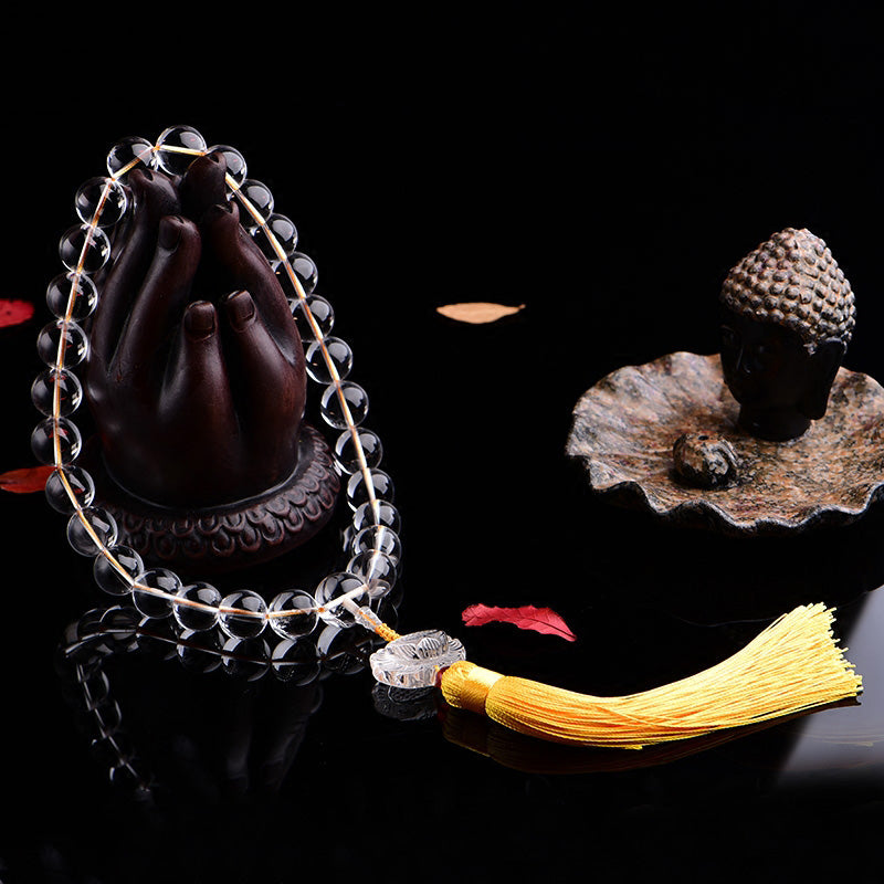 Buddha Stones Cristallo bianco naturale Loto Mala da polso Meditazione Nappe Mala tascabile Decorazione per auto