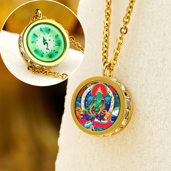 Buddha Stones Tibetano Giallo Dio della Ricchezza Tara Verde Buddha Serenity Collana Pendente in Acciaio al Titanio - Mantra anteriore e posteriore di Tara Verde - image 13