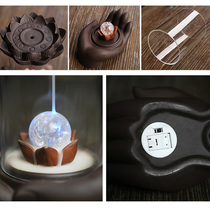 Buddha Stones Mano di Buddha Loto Illuminazione LED Luce Viola Argilla Ceramica Bruciatore di Incenso Decorazione
