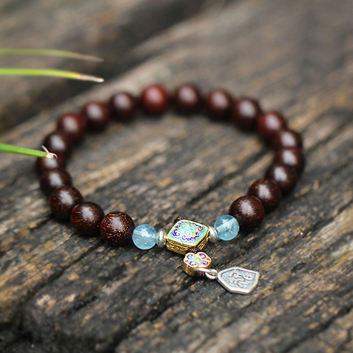 Bracciale Buddha Stones 925 Sterling Silver Indiano Piccola Foglia Sandalo Rosso Acquamarina Pieno di Stella d'Oro Cinese Nodo Benedizione Bracciale