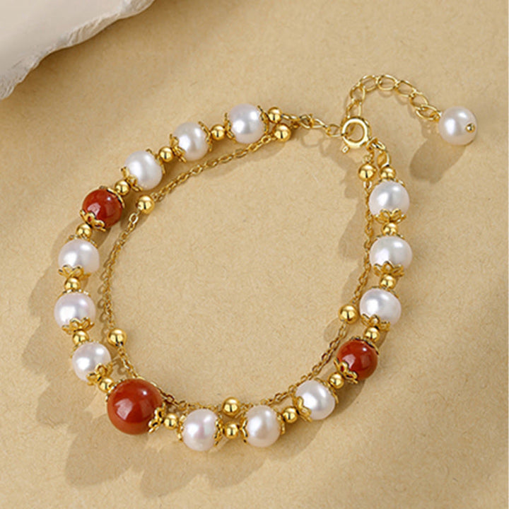 Bracciale a catena a doppio strato con perle di cinabro e argento sterling 925 Buddha Stones