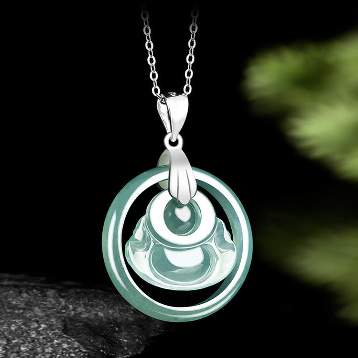 Collana con ciondolo a forma Buddha Stones Buddha con ciondolo a forma di Buddha che ride, in argento sterling 925, giada naturale rotonda