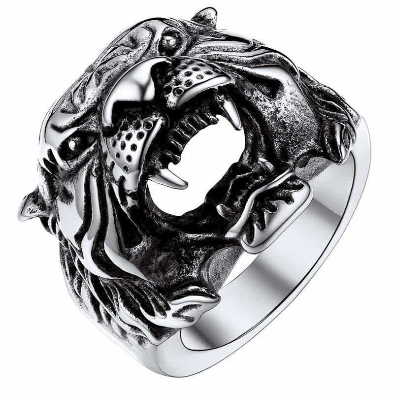 Anello da motociclista punk rock con testa di tigre in titanio e acciaio da uomo