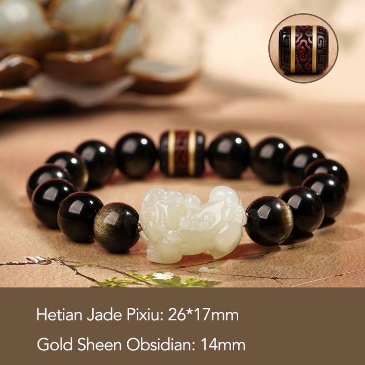 Buddha Stones Oro Naturale Lucentezza Ossidiana Giada Ciano Hetian Giada Bianca Bracciale PiXiu Ricchezza