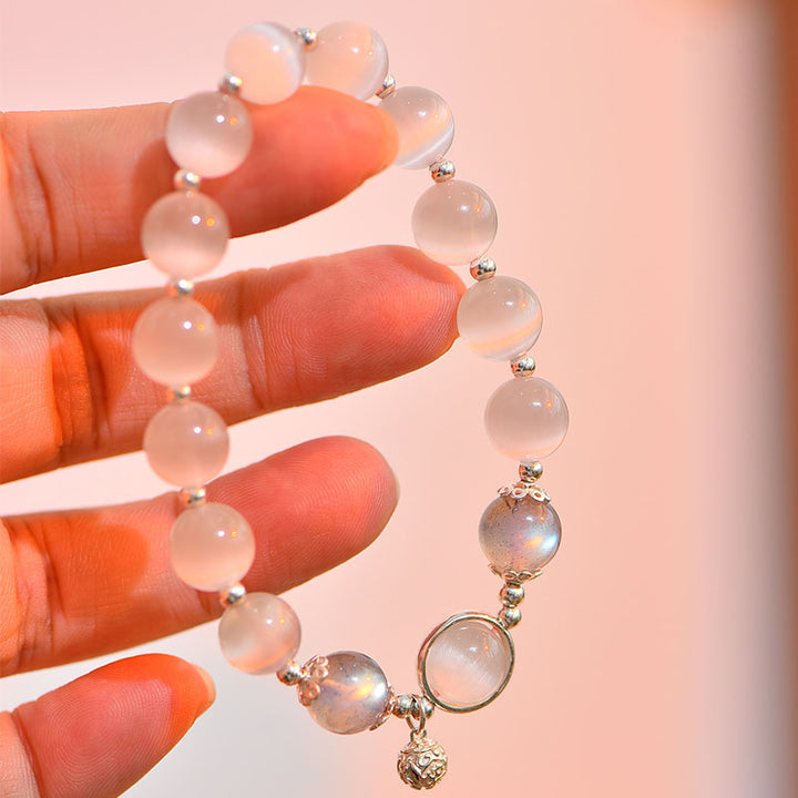 Braccialetto di supporto dell'amore con pietra di luna e occhio di gatto in argento sterling 925 Buddha Stones
