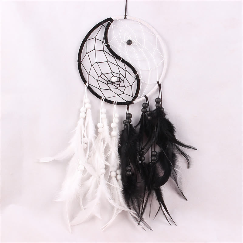 Acchiappasogni Yin Yang Rete circolare con piume Decorazione di equilibrio
