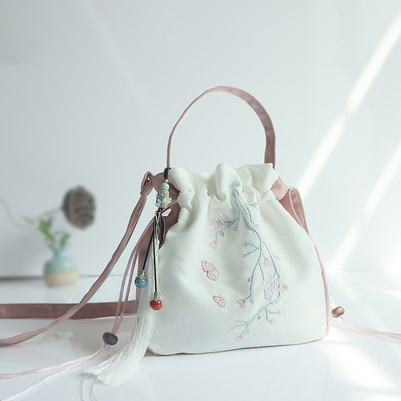 Borsa a tracolla in tela con fiori ricamati a mano con Buddha Stones - Fiore di ciliegio rosa e bianco 20*20 cm - image 23
