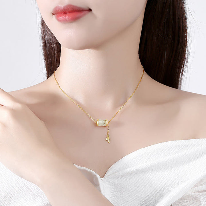 Buddha Stones 925 Sterling Silver 22K Oro Hetian Giada Bianca Foglia di Bambù Collana Pendente Bracciale Portafortuna