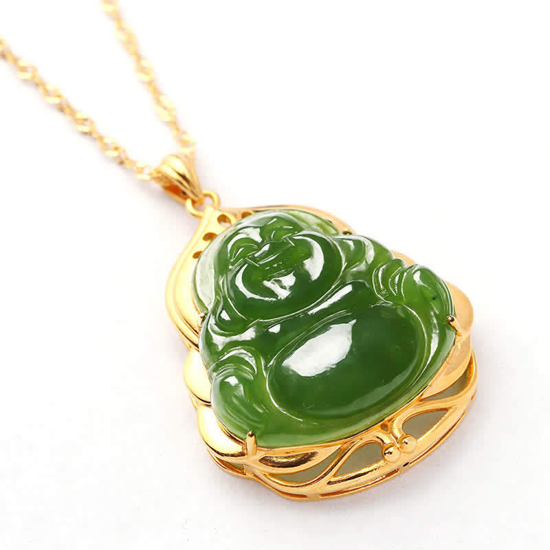 Collana con ciondolo a forma di Buddha che ride in argento sterling 925, giada ciano naturale di Hetian, oro 18 carati, catena di guarigione - image 10