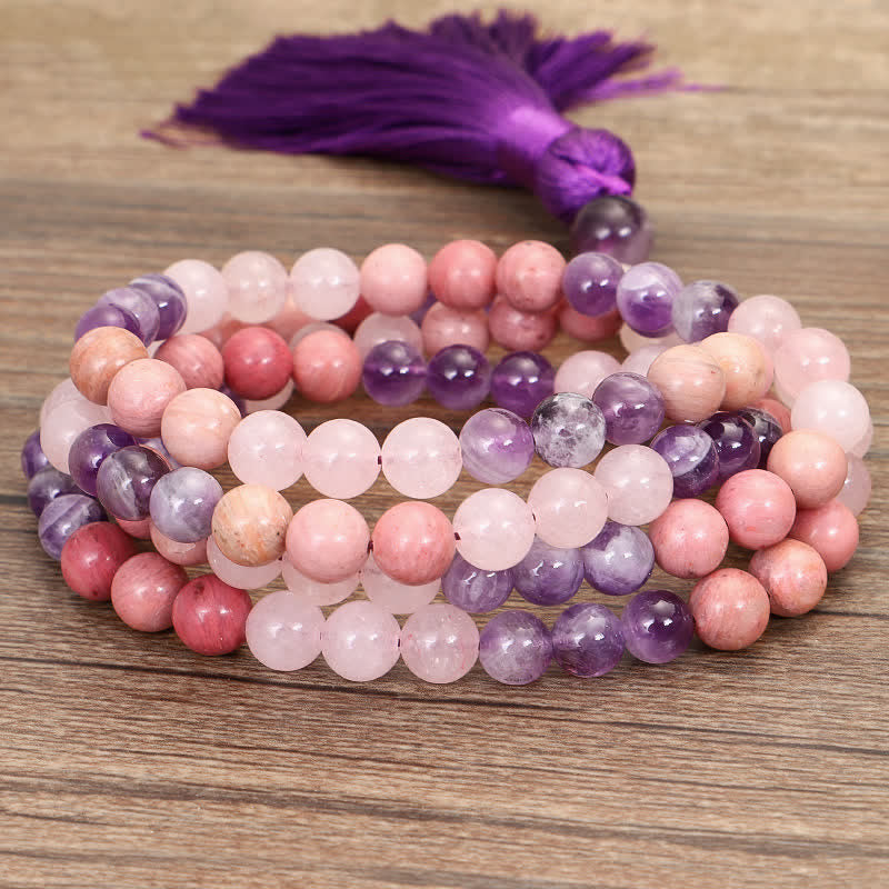 Buddha Stones 108 Mala Beads Ametista Quarzo Rosa Braccialetto con Nappa di Guarigione Spirituale