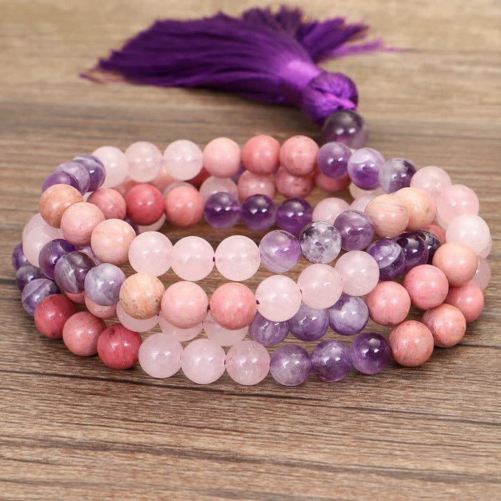 Buddha Stones 108 Mala Beads Ametista Quarzo Rosa Braccialetto con Nappa di Guarigione Spirituale