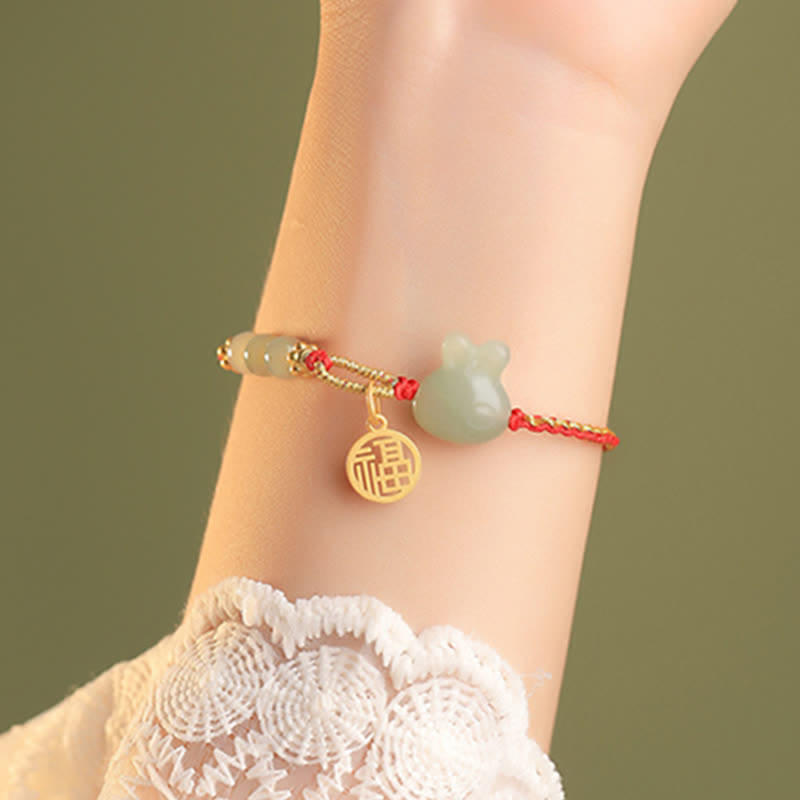 Braccialetto in corda rossa con Buddha Stones in argento sterling 925 Anno del coniglio in giada Hetian Felicità Fortuna