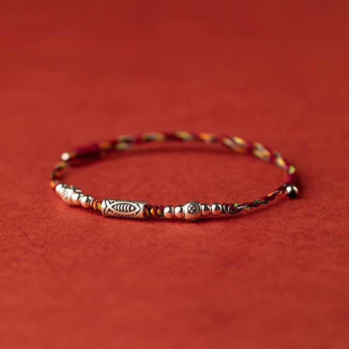 Buddha Stones 925 Sterling Silver Luck Koi Fish Braccialetto alla caviglia intrecciato con corda colorata - image 1