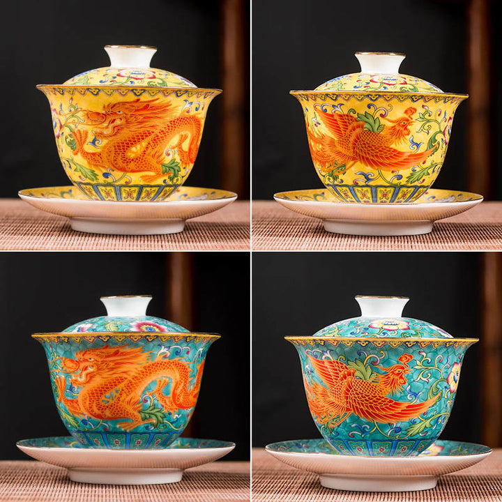 Buddha Stones Dragon Phoenix Flower Design Ceramica Gaiwan Sancai Tazza da tè Kung Fu Tazza da tè e piattino con coperchio