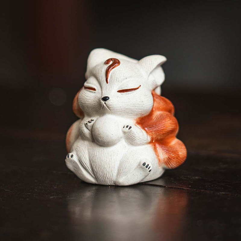 Decorazione da scrivania in argilla viola Buddha Stones e volpe a nove code