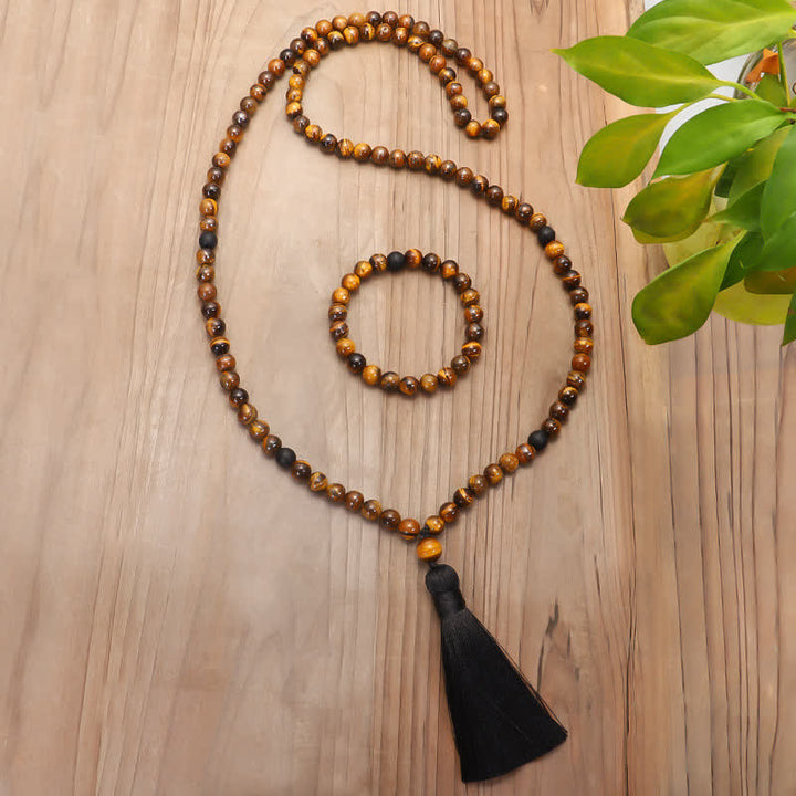 Braccialetto di protezione con nappa in occhio di tigre Buddha Stones, 108 perline Mala