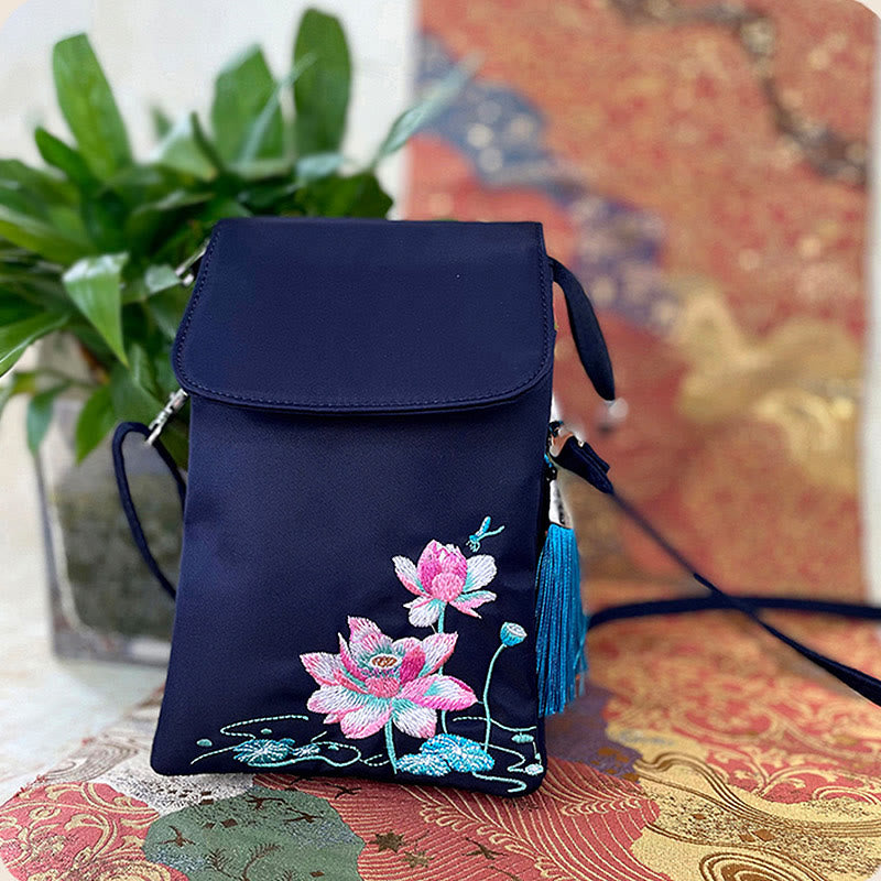 Borsa a tracolla con fiori di loto ricamati a mano, impermeabile , Buddha Stones , borsa per cellulare