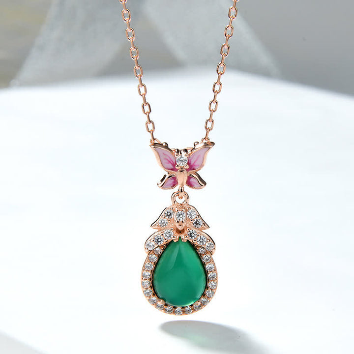 Collana con ciondolo in argento sterling 925, calcedonio verde, farfalla e zircone, coraggio