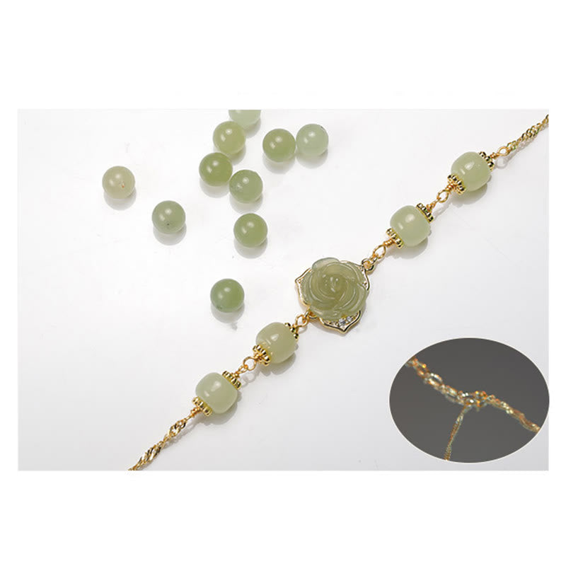 Bracciale con catena portafortuna in giada Hetian placcata in oro 14K con fiore rosa Buddha Stones